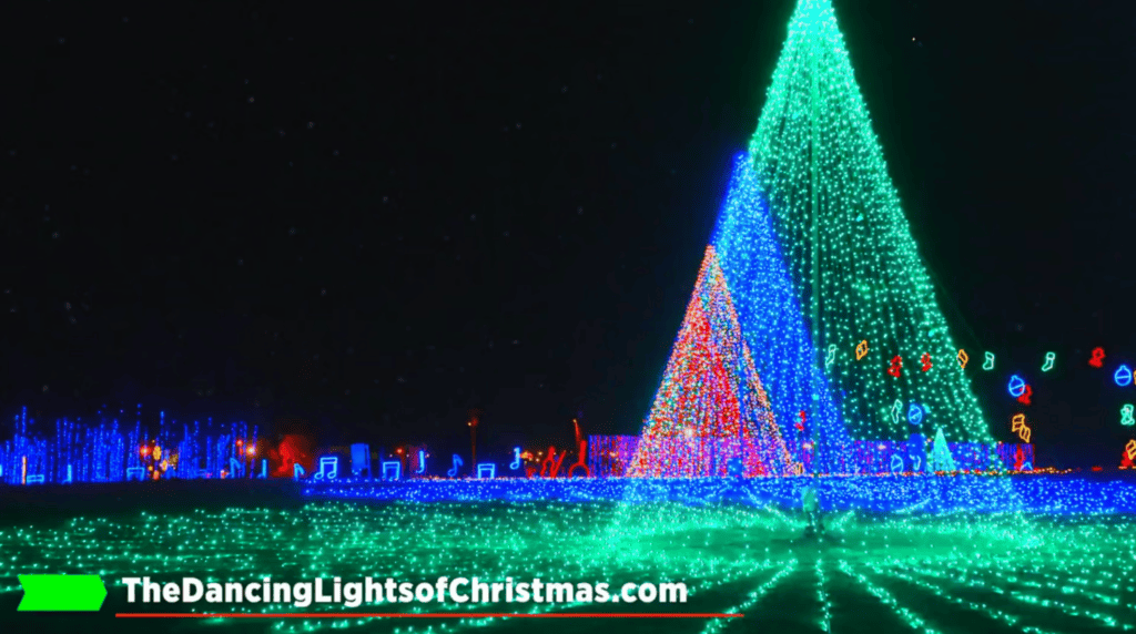 Colorful Christmas lights display with a large illuminated tree at night.